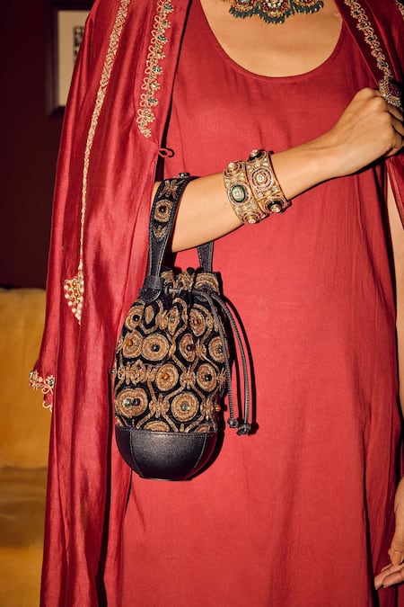 Buy_The Leather Garden_Black Dabka Mughal Embroidered Potli Bag _Online_at_Aza_Fashions