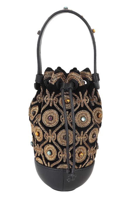 Shop_The Leather Garden_Black Dabka Mughal Embroidered Potli Bag _Online_at_Aza_Fashions
