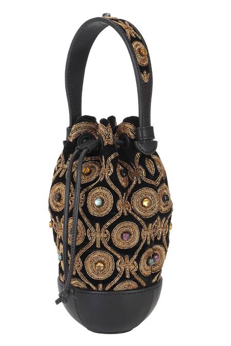 The Leather Garden_Black Dabka Mughal Embroidered Potli Bag _at_Aza_Fashions