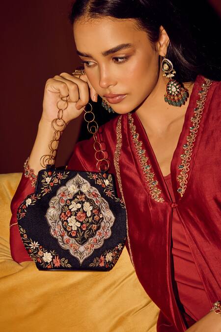 The Leather Garden_Black Thread Floral Embroidered Handbag _Online_at_Aza_Fashions