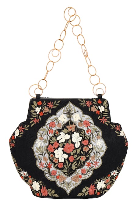 Shop_The Leather Garden_Black Thread Floral Embroidered Handbag _Online_at_Aza_Fashions