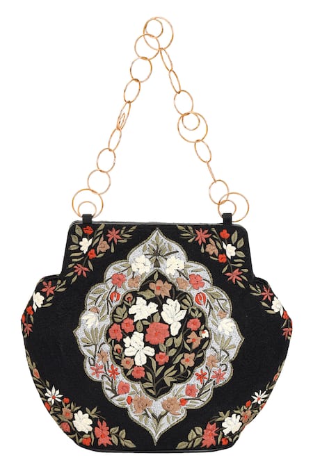 The Leather Garden_Black Thread Floral Embroidered Handbag _at_Aza_Fashions