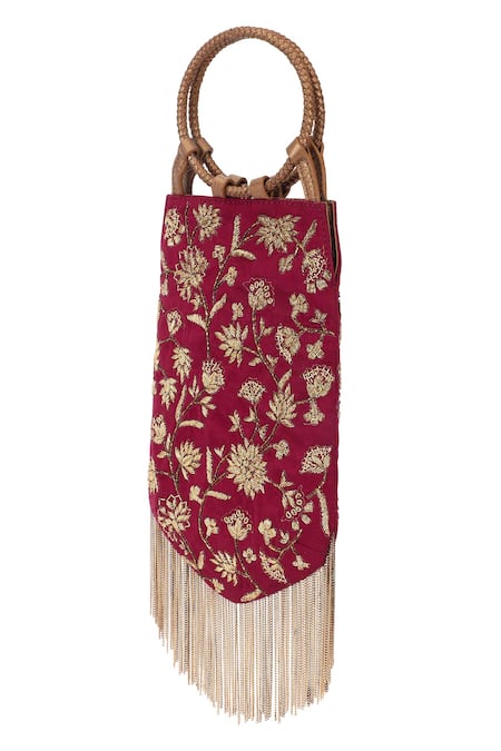 Shop_The Leather Garden_Maroon Dabka Jodha Embroidered Handbag _Online_at_Aza_Fashions