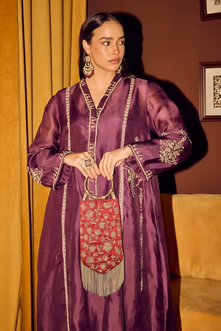 The Leather Garden_Maroon Dabka Jodha Embroidered Handbag _at_Aza_Fashions