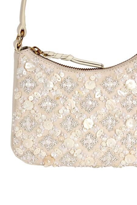 Buy_The Leather Garden_Ivory Bead Embellished Handbag With Pearl And Work _Online_at_Aza_Fashions