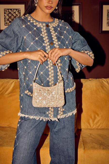 Shop_The Leather Garden_Ivory Bead Embellished Handbag With Pearl And Work _Online_at_Aza_Fashions