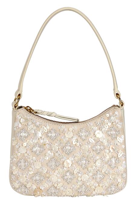 The Leather Garden_Ivory Bead Embellished Handbag With Pearl And Work _at_Aza_Fashions