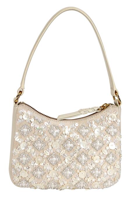 Buy_The Leather Garden_Ivory Bead Embellished Handbag With Pearl And Work 