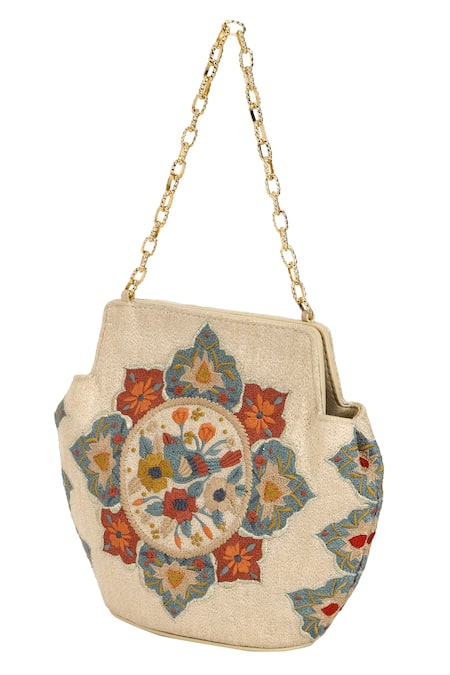 The Leather Garden Beige Crewel Embroidered Potli Bag 