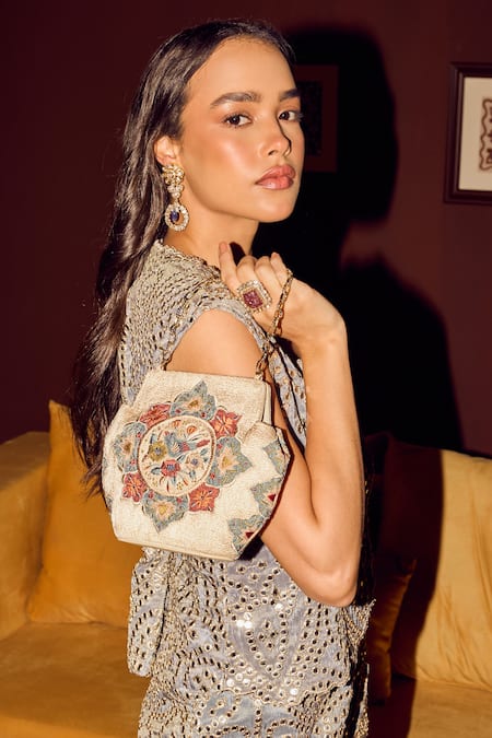 Buy_The Leather Garden_Beige Crewel Embroidered Potli Bag _Online_at_Aza_Fashions