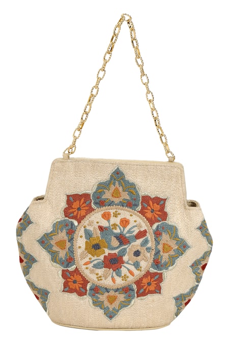 The Leather Garden_Beige Crewel Embroidered Potli Bag _at_Aza_Fashions
