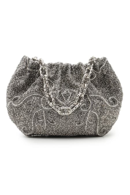 Shop The Leather Garden Silver Embroidery, Beads, Sequins Embellished Potli Bag at Aza Fashions Shop_The Leather Garden_Silver Embroidery, Beads, Sequins Embellished Potli Bag_at_Aza_Fashions