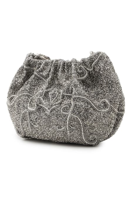 The Leather Garden Silver Embroidery, Beads, Sequins Embellished Potli Bag Online at Aza Fashions The Leather Garden_Silver Embroidery, Beads, Sequins Embellished Potli Bag_Online_at_Aza_Fashions