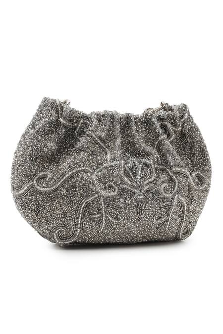 Buy The Leather Garden Silver Embroidery, Beads, Sequins Embellished Potli Bag Online at Aza Fashions Buy_The Leather Garden_Silver Embroidery, Beads, Sequins Embellished Potli Bag_Online_at_Aza_Fashions