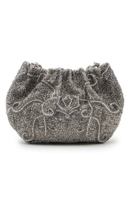 Shop The Leather Garden Silver Embroidery, Beads, Sequins Embellished Potli Bag Online at Aza Fashions Shop_The Leather Garden_Silver Embroidery, Beads, Sequins Embellished Potli Bag_Online_at_Aza_Fashions
