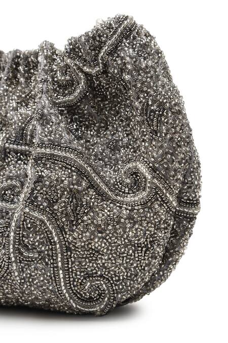 The Leather Garden Silver Embroidery, Beads, Sequins Embellished Potli Bag at Aza Fashions The Leather Garden_Silver Embroidery, Beads, Sequins Embellished Potli Bag_at_Aza_Fashions