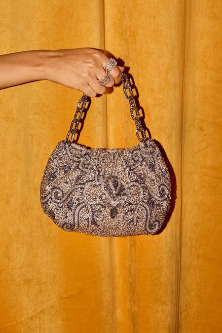 Shop The Leather Garden Silver Embroidery, Beads, Sequins Embellished Potli Bag Shop_The Leather Garden_Silver Embroidery, Beads, Sequins Embellished Potli Bag