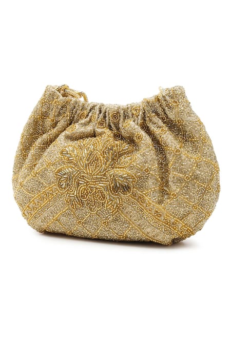 The Leather Garden_Gold Embroidery Embellished Potli Bag _Online_at_Aza_Fashions