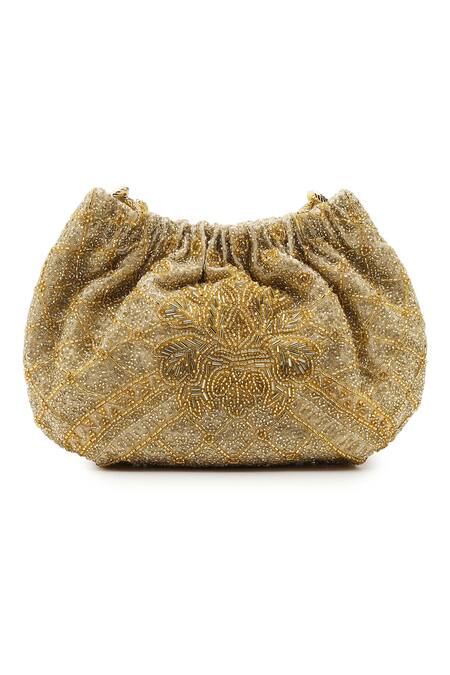 Shop_The Leather Garden_Gold Embroidery Embellished Potli Bag _Online_at_Aza_Fashions
