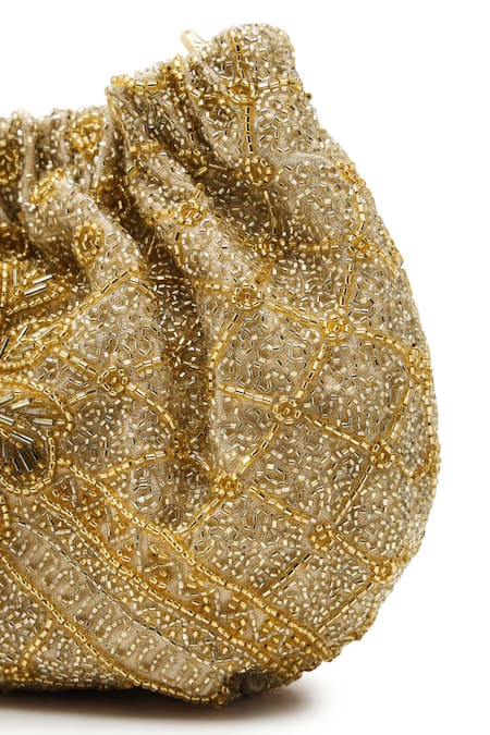 The Leather Garden_Gold Embroidery Embellished Potli Bag _at_Aza_Fashions