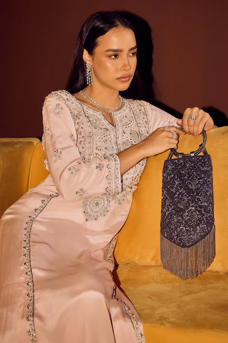 The Leather Garden_Gray Embroidery, Tassels Grey Jacquard Handbag _Online_at_Aza_Fashions