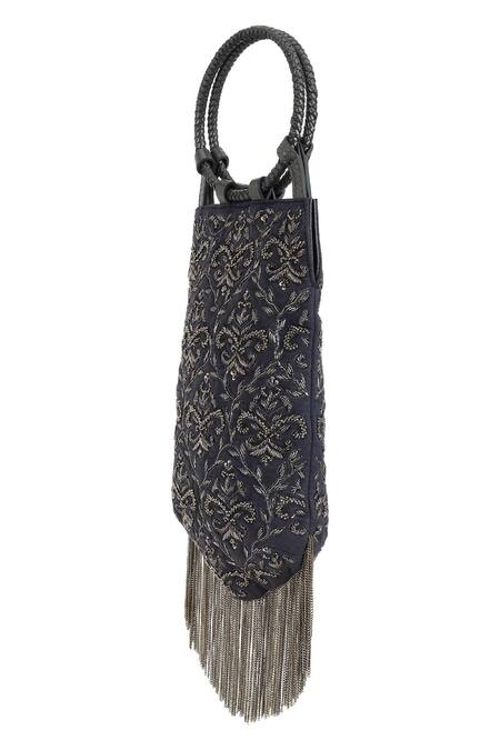 The Leather Garden_Gray Embroidery, Tassels Grey Jacquard Handbag _at_Aza_Fashions