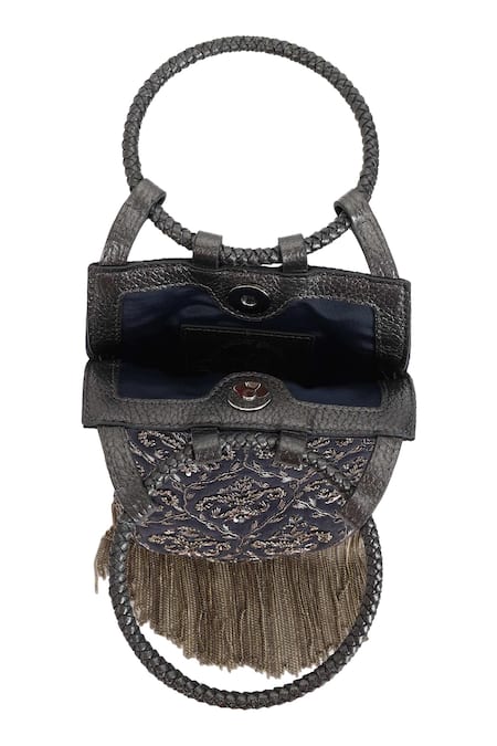 Buy_The Leather Garden_Gray Embroidery, Tassels Grey Jacquard Handbag 
