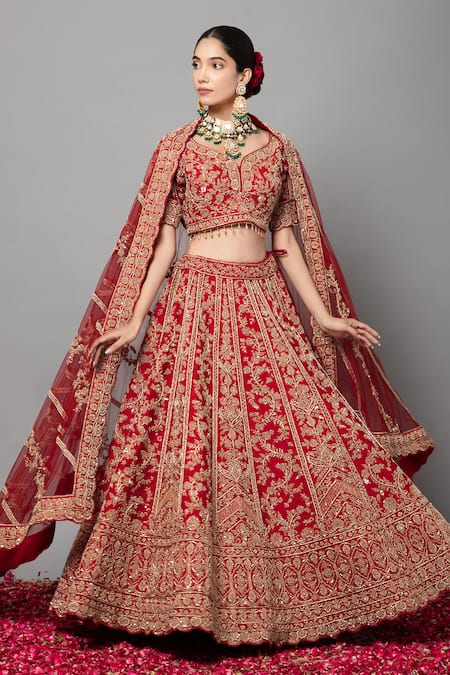 Buy_Mehar_Red Silk Zari, Embroidery Round Neck Zardozi Hand Lehenga Set _Online_at_Aza_Fashions