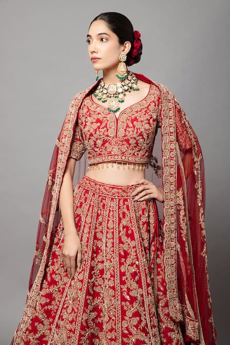 Shop_Mehar_Red Silk Zari, Embroidery Round Neck Zardozi Hand Lehenga Set _Online_at_Aza_Fashions