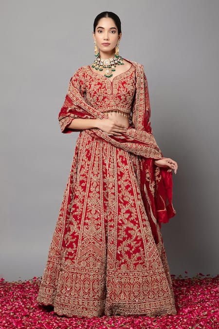 Mehar_Red Silk Zari, Embroidery Round Neck Zardozi Hand Lehenga Set _at_Aza_Fashions