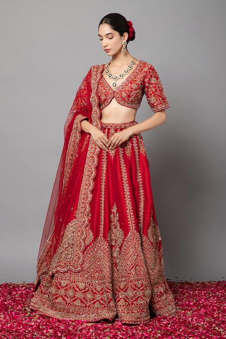 Buy Mehar Red Silk, Net Embroidery, Tassels V-neck Zardozi Hand Bridal Lehenga Set Online at Aza Fashions Buy_Mehar_Red Silk, Net Embroidery, Tassels V-neck Zardozi Hand Bridal Lehenga Set _Online_at_Aza_Fashions