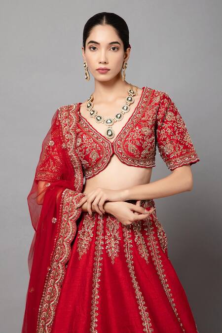Shop Mehar Red Silk, Net Embroidery, Tassels V-neck Zardozi Hand Bridal Lehenga Set Online at Aza Fashions Shop_Mehar_Red Silk, Net Embroidery, Tassels V-neck Zardozi Hand Bridal Lehenga Set _Online_at_Aza_Fashions