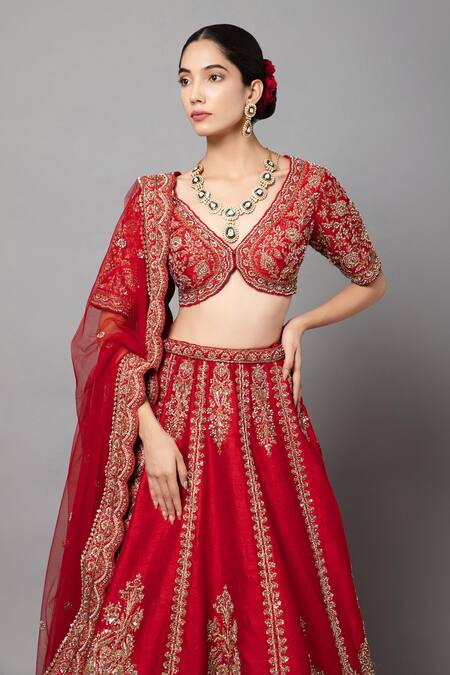 Mehar Red Silk, Net Embroidery, Tassels V-neck Zardozi Hand Bridal Lehenga Set at Aza Fashions Mehar_Red Silk, Net Embroidery, Tassels V-neck Zardozi Hand Bridal Lehenga Set _at_Aza_Fashions