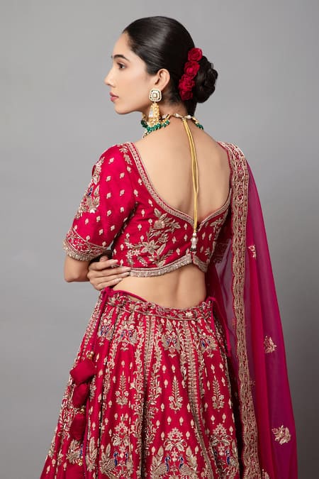 Buy_Mehar_Magenta Silk Embroidery, Zari Round Zardozi Peacock Motif Bridal Lehenga Set _Online_at_Aza_Fashions