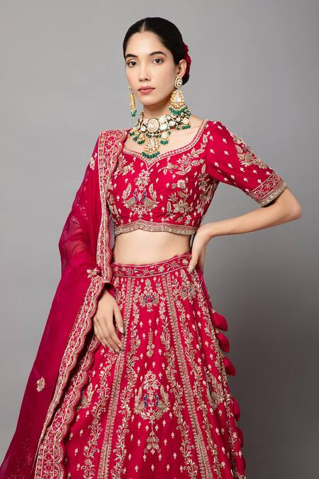 Mehar_Magenta Silk Embroidery, Zari Round Zardozi Peacock Motif Bridal Lehenga Set _at_Aza_Fashions
