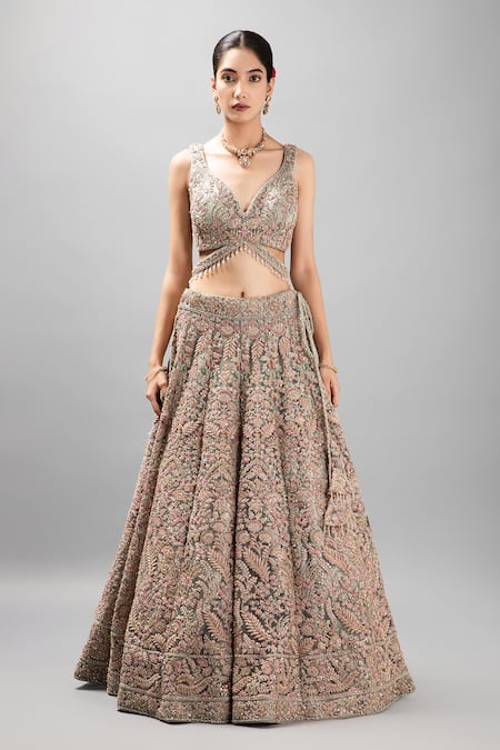 Buy_Mehar_Green Silk, Chiffon Zari, Embroidery, Tassels Plunge Floral Hand Lehenga Set _Online_at_Aza_Fashions