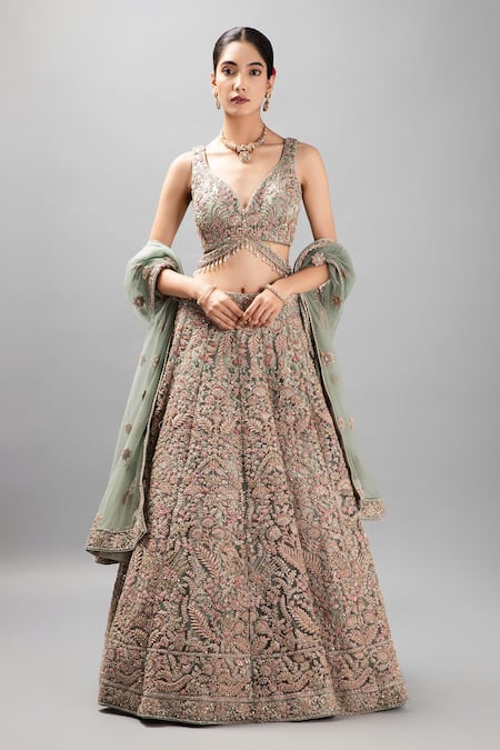 Shop_Mehar_Green Silk, Chiffon Zari, Embroidery, Tassels Plunge Floral Hand Lehenga Set _Online_at_Aza_Fashions