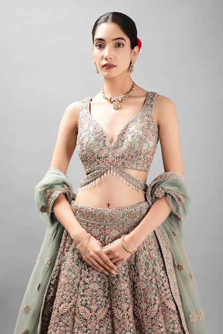 Mehar_Green Silk, Chiffon Zari, Embroidery, Tassels Plunge Floral Hand Lehenga Set _at_Aza_Fashions