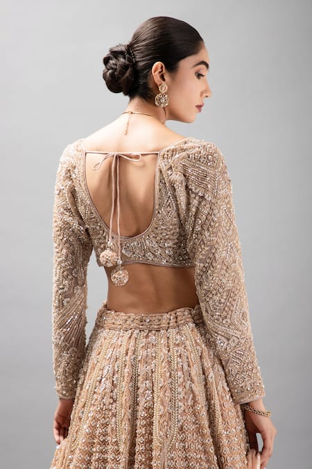 Buy_Mehar_Beige Net Beads, Sequins, Pearls Round Neck Floral Hand Embroidered Lehenga Set _Online_at_Aza_Fashions