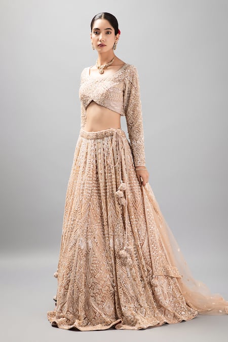 Shop_Mehar_Beige Net Beads, Sequins, Pearls Round Neck Floral Hand Embroidered Lehenga Set _Online_at_Aza_Fashions
