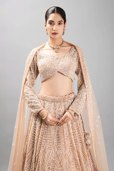 Mehar_Beige Net Beads, Sequins, Pearls Round Neck Floral Hand Embroidered Lehenga Set _at_Aza_Fashions