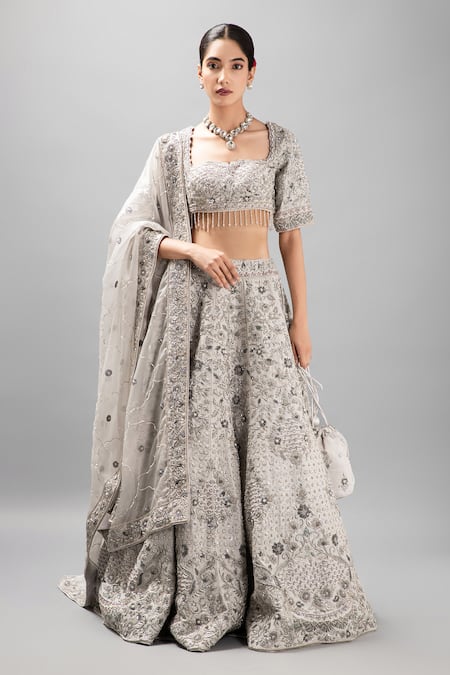 Buy_Mehar_Gray Silk Embroidery, Sequins Scoop Neck Floral Resham Zardozi Lehenga Set _Online_at_Aza_Fashions