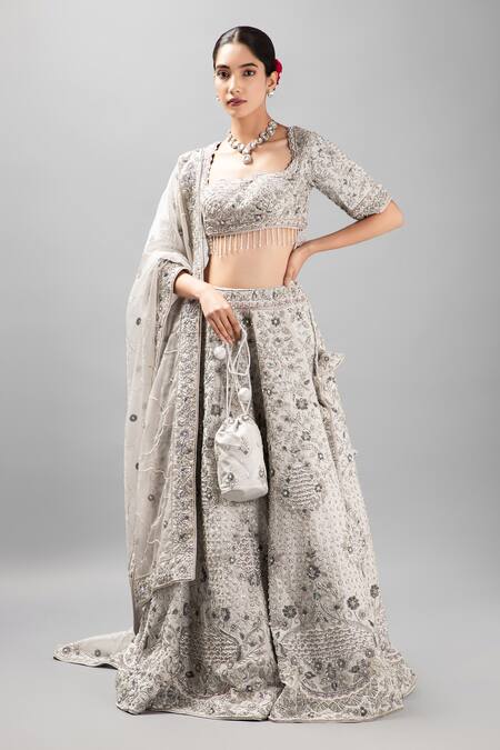 Shop_Mehar_Gray Silk Embroidery, Sequins Scoop Neck Floral Resham Zardozi Lehenga Set _Online_at_Aza_Fashions