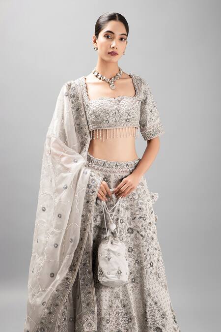 Mehar_Gray Silk Embroidery, Sequins Scoop Neck Floral Resham Zardozi Lehenga Set _at_Aza_Fashions