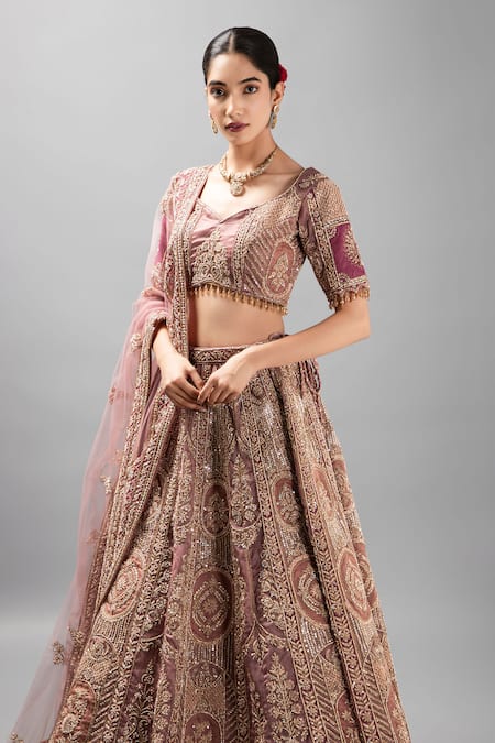 Buy_Mehar_Purple Organza Embroidery, Zari Floral Zardozi Lehenga Set _Online_at_Aza_Fashions