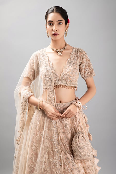 Buy_Mehar_Beige Net Sequins, Beads, Stones, Embroidery Scoop Floral Hand Lehenga Set _Online_at_Aza_Fashions