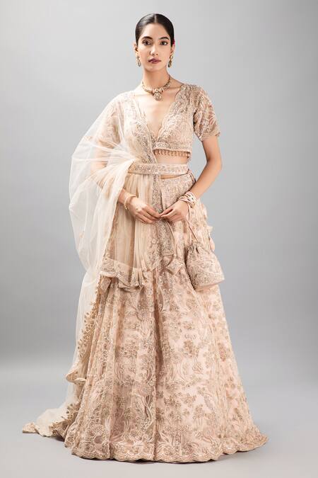 Shop_Mehar_Beige Net Sequins, Beads, Stones, Embroidery Scoop Floral Hand Lehenga Set _Online_at_Aza_Fashions
