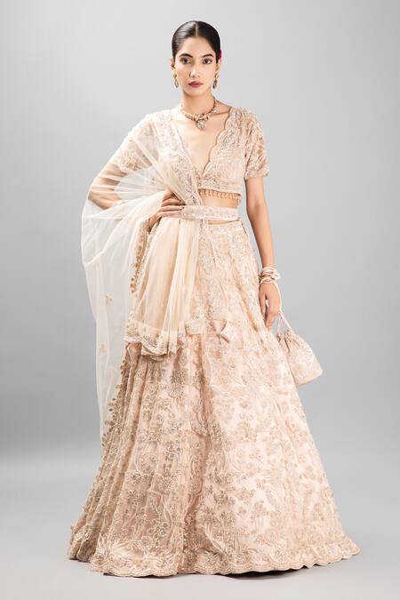 Mehar_Beige Net Sequins, Beads, Stones, Embroidery Scoop Floral Hand Lehenga Set _at_Aza_Fashions