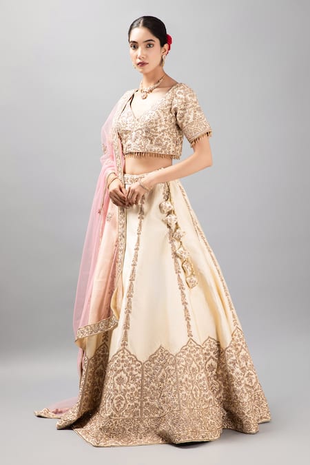 mehar Cream Raw Silk Hand Embroidered Zardozi V Neck Floral Lehenga Set 