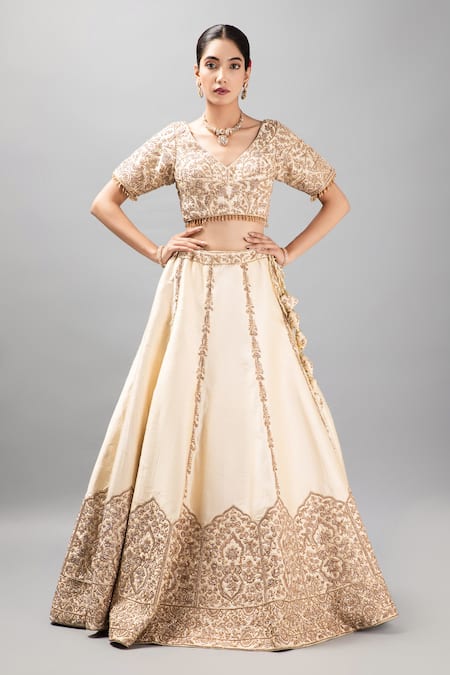 Shop_Mehar_Cream , Satin Embroidery, Zari V-neck Floral Zardozi Hand Lehenga Set _Online_at_Aza_Fashions